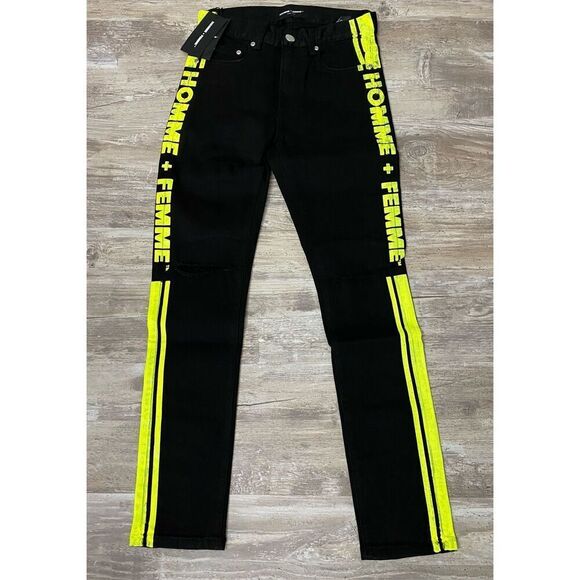 Homme + Femme Black Neon Distressed Men’s Jeans Sz 28 - Picture 1 of 5
